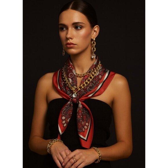 Silk Scarf 27x27 | Red Paisley Print | Square Neck or Hair Accessory - Picture 1 of 6